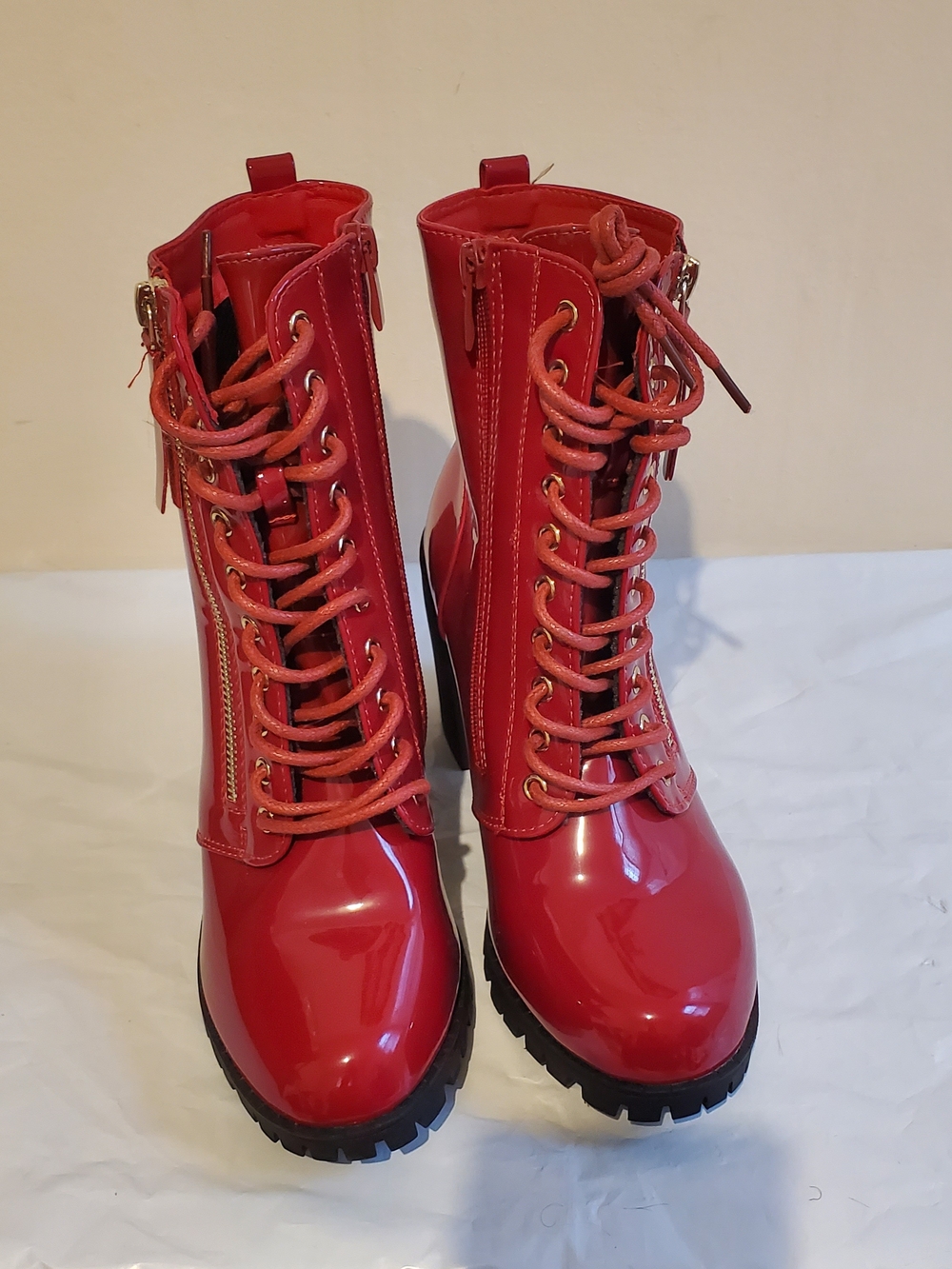 Red Lace-Up Patent Combat Boots - Women's